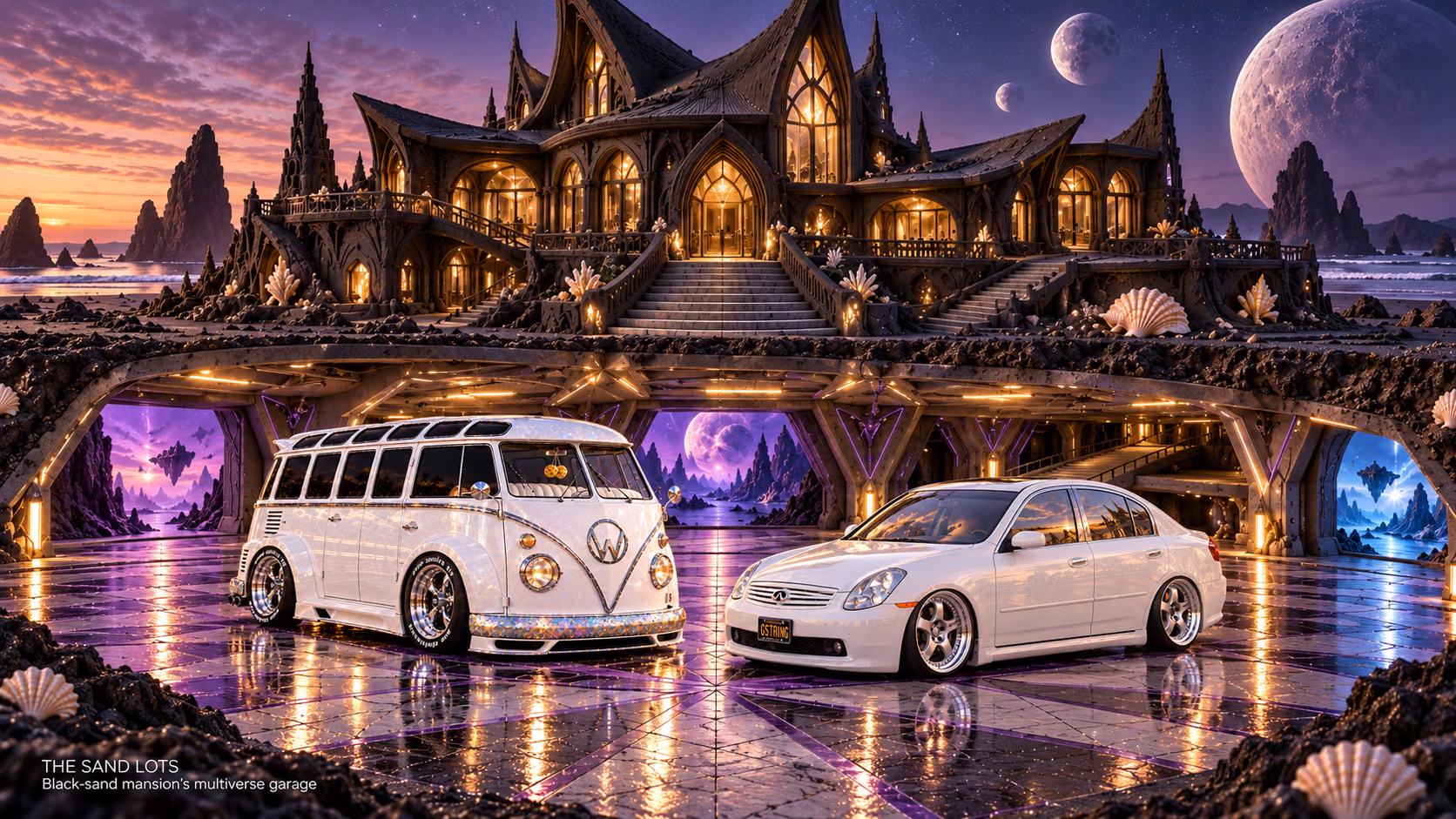 Starlite, a pearl-white custom Volkswagen Samba, parked beside Tony’s white 2006 Infiniti G35x at Black-sand mansion’s multiverse garage on The Sand Lots. A wide fantasy landscape with a discreet location caption at bottom left.