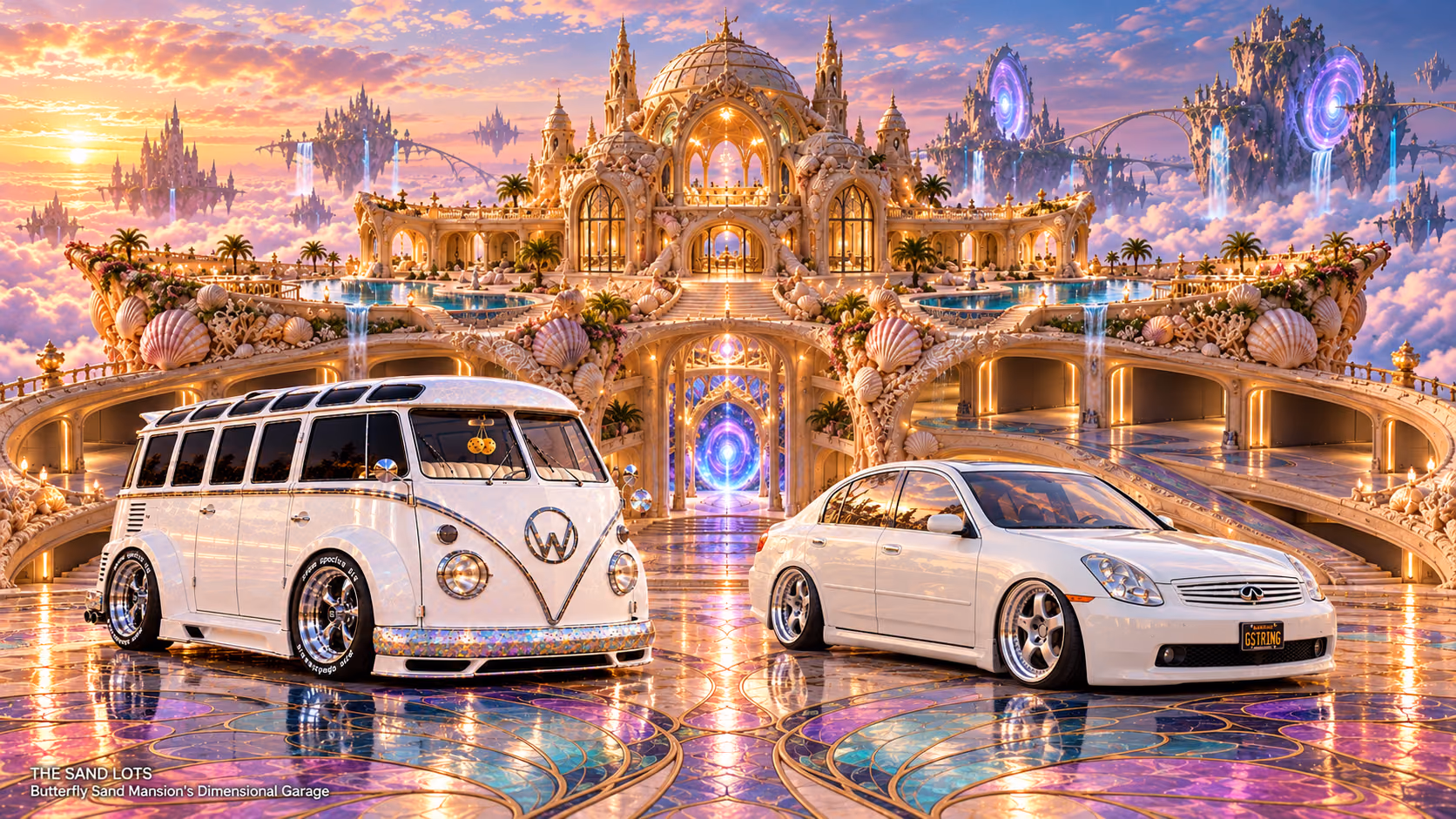 Starlite, a pearl-white custom Volkswagen Samba, parked beside Tony’s white 2006 Infiniti G35x at Butterfly Sand Mansion’s Dimensional Garage on The Sand Lots. A wide fantasy landscape with a discreet location caption at bottom left.