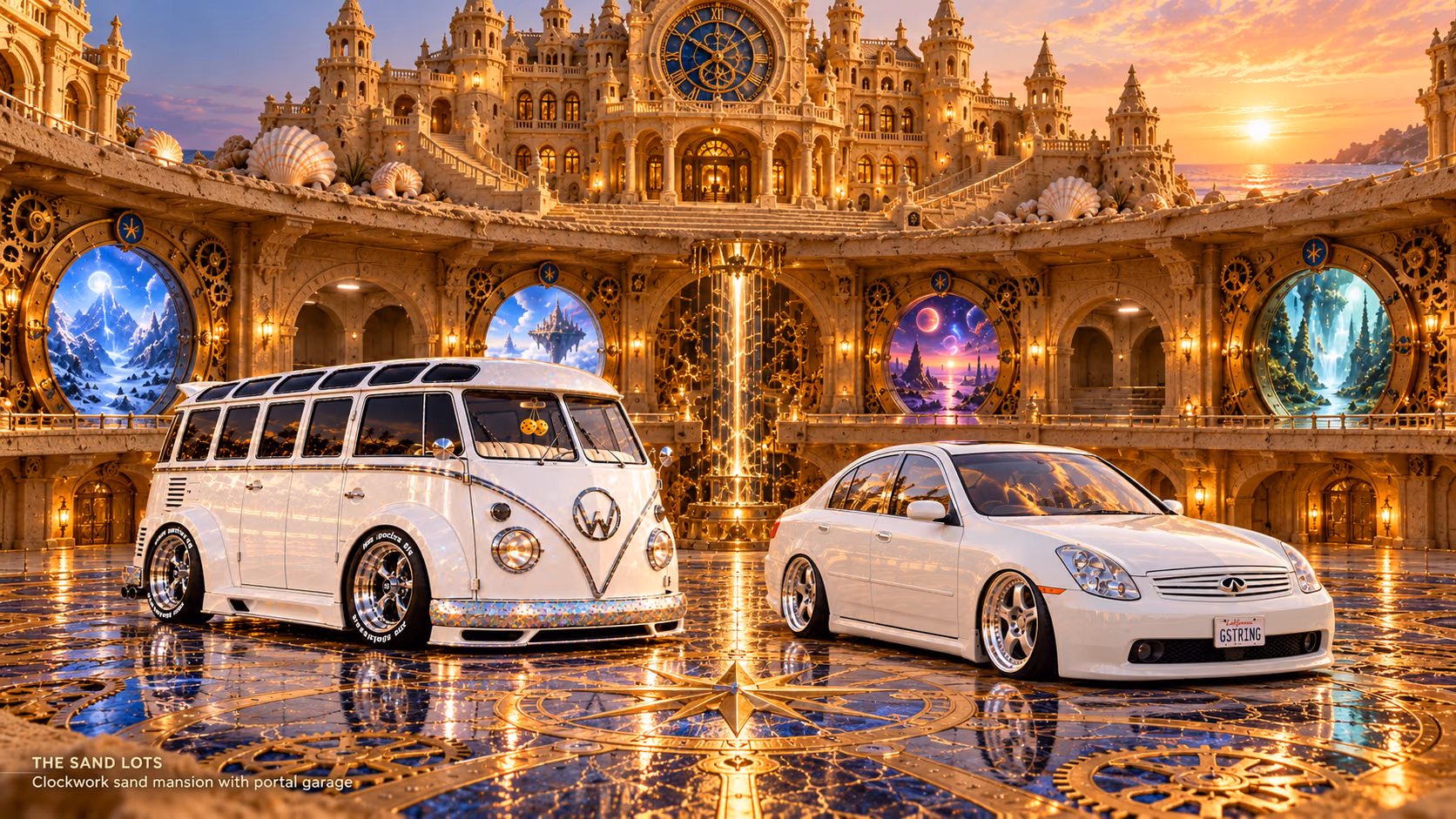 Starlite, a pearl-white custom Volkswagen Samba, parked beside Tony’s white 2006 Infiniti G35x at Clockwork sand mansion with portal garage on The Sand Lots. A wide fantasy landscape with a discreet location caption at bottom left.