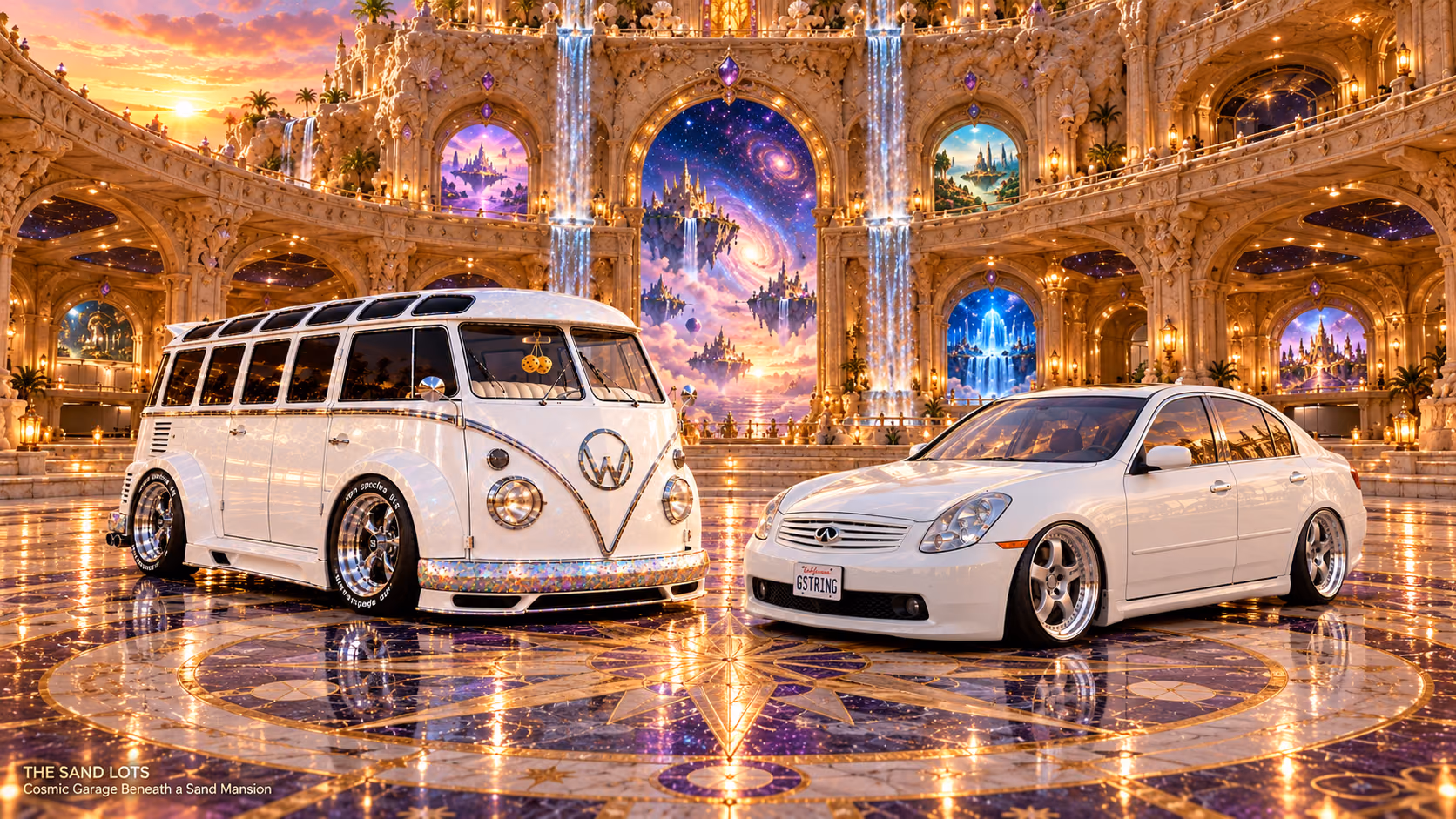 Starlite, a pearl-white custom Volkswagen Samba, parked beside Tony’s white 2006 Infiniti G35x at Cosmic Garage Beneath a Sand Mansion on The Sand Lots. A wide fantasy landscape with a discreet location caption at bottom left.