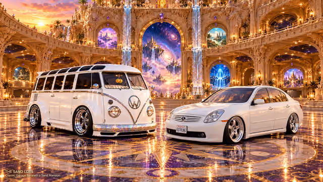 Starlite, a pearl-white custom Volkswagen Samba, parked beside Tony’s white 2006 Infiniti G35x at Cosmic Garage Beneath a Sand Mansion on The Sand Lots. A wide fantasy landscape with a discreet location caption at bottom left.