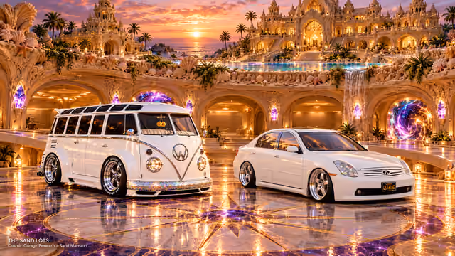 Starlite, a pearl-white custom Volkswagen Samba, parked beside Tony’s white 2006 Infiniti G35x at Cosmic Garage Beneath a Sand Mansion on The Sand Lots. A wide fantasy landscape with a discreet location caption at bottom left.