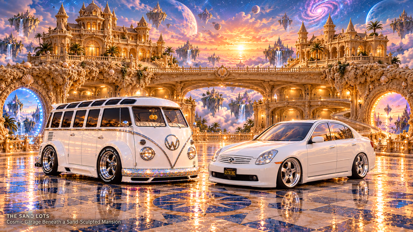 Starlite, a pearl-white custom Volkswagen Samba, parked beside Tony’s white 2006 Infiniti G35x at Cosmic Garage Beneath a Sand-Sculpted Mansion on The Sand Lots. A wide fantasy landscape with a discreet location caption at bottom left.