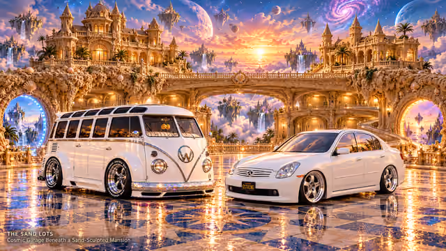 Starlite, a pearl-white custom Volkswagen Samba, parked beside Tony’s white 2006 Infiniti G35x at Cosmic Garage Beneath a Sand-Sculpted Mansion on The Sand Lots. A wide fantasy landscape with a discreet location caption at bottom left.