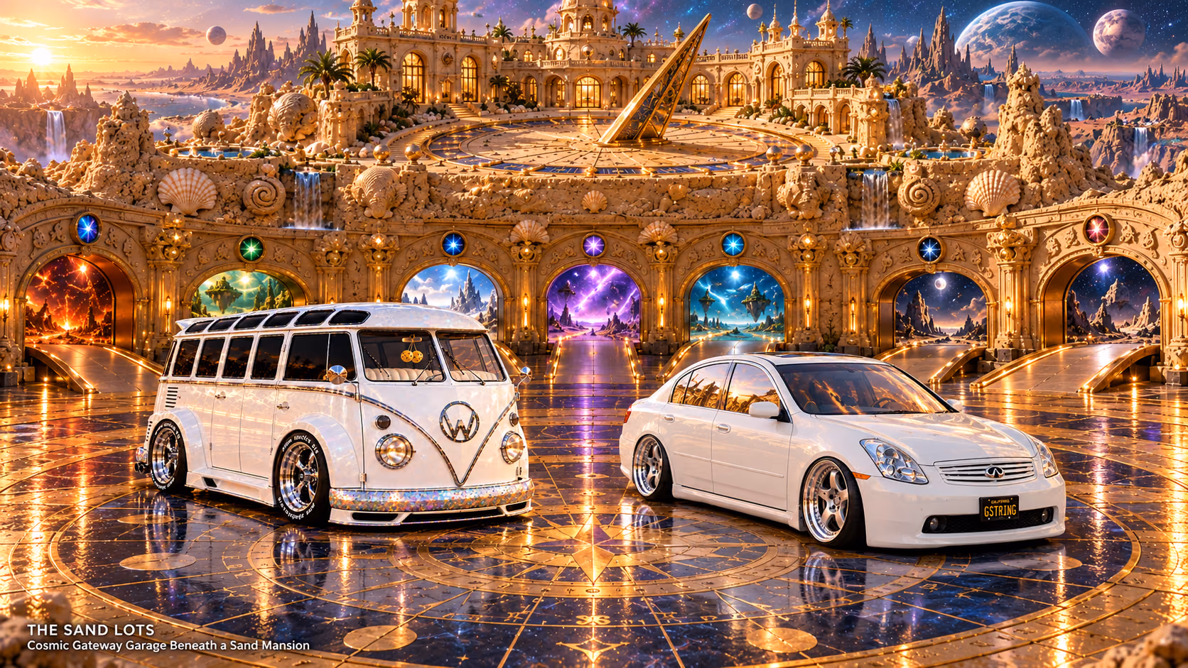 Starlite, a pearl-white custom Volkswagen Samba, parked beside Tony’s white 2006 Infiniti G35x at Cosmic Gateway Garage Beneath a Sand Mansion on The Sand Lots. A wide fantasy landscape with a discreet location caption at bottom left.