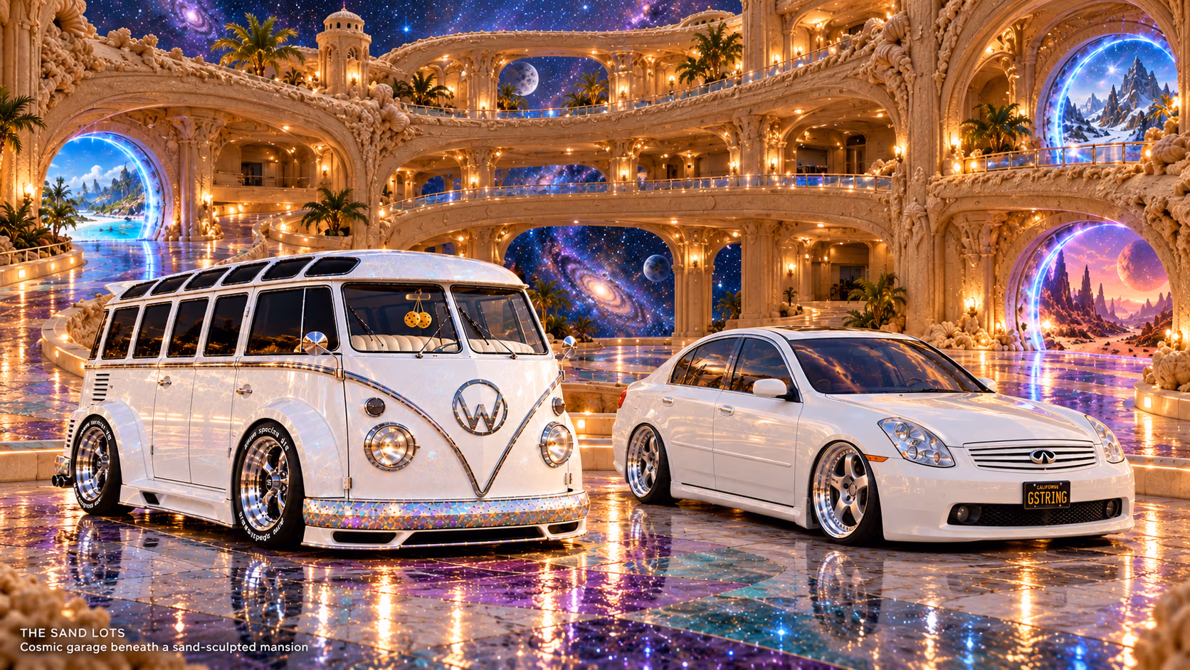 Starlite, a pearl-white custom Volkswagen Samba, parked beside Tony’s white 2006 Infiniti G35x at Cosmic garage beneath a sand-sculpted mansion on The Sand Lots. A wide fantasy landscape with a discreet location caption at bottom left.