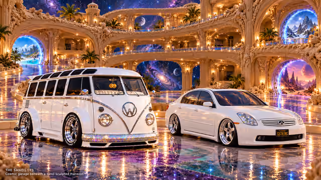 Starlite, a pearl-white custom Volkswagen Samba, parked beside Tony’s white 2006 Infiniti G35x at Cosmic garage beneath a sand-sculpted mansion on The Sand Lots. A wide fantasy landscape with a discreet location caption at bottom left.