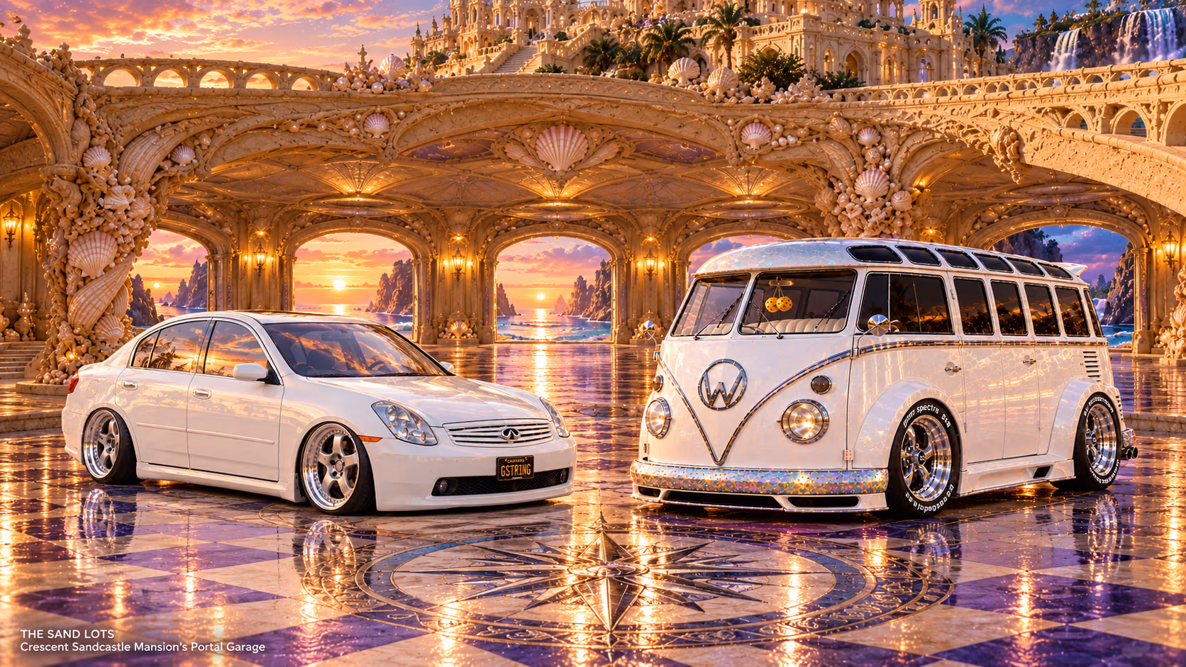 Starlite, a pearl-white custom Volkswagen Samba, parked beside Tony’s white 2006 Infiniti G35x at Crescent Sandcastle Mansion’s Portal Garage on The Sand Lots. A wide fantasy landscape with a discreet location caption at bottom left.