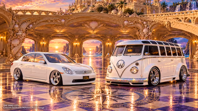 Starlite, a pearl-white custom Volkswagen Samba, parked beside Tony’s white 2006 Infiniti G35x at Crescent Sandcastle Mansion’s Portal Garage on The Sand Lots. A wide fantasy landscape with a discreet location caption at bottom left.