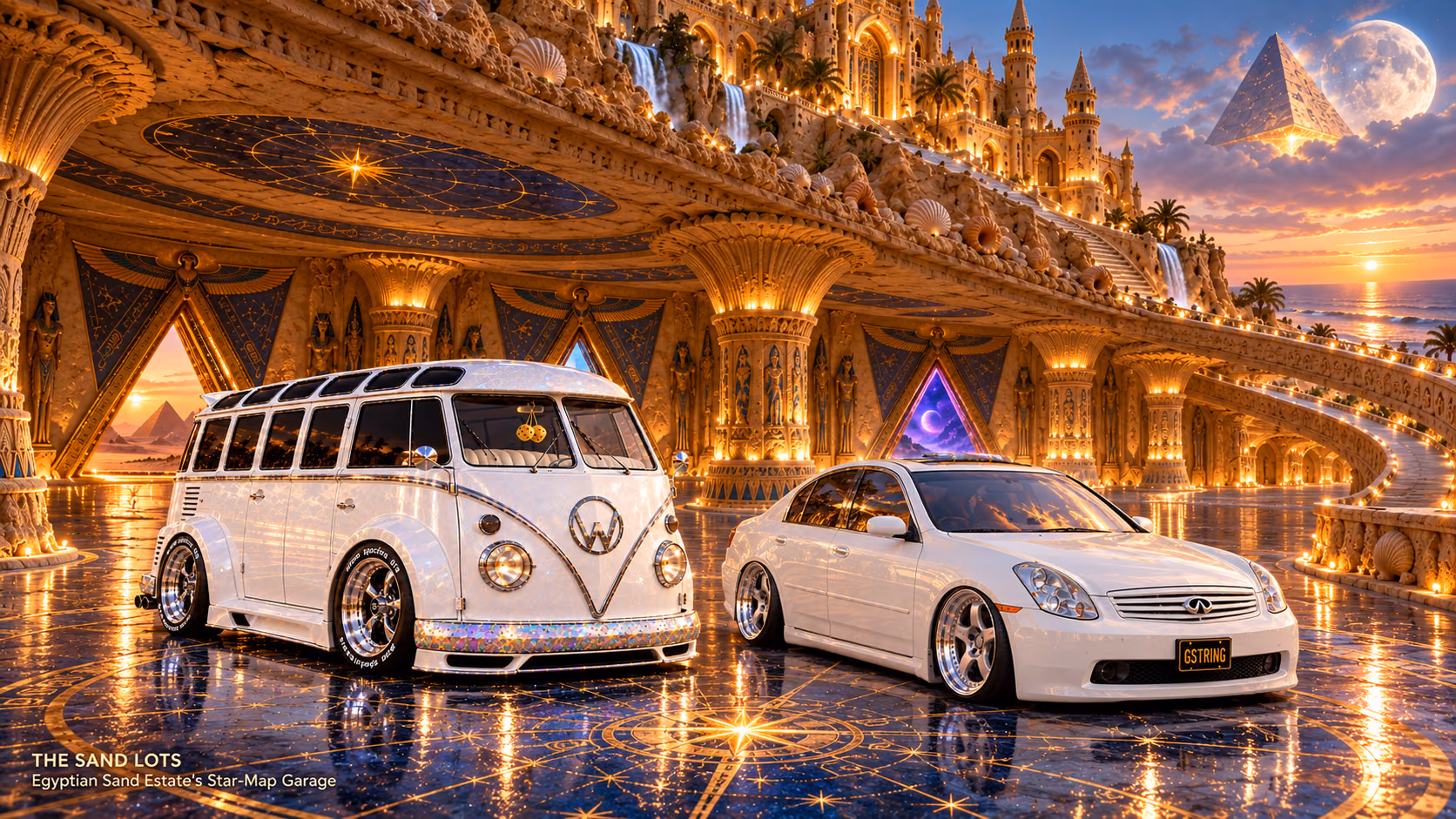 Starlite, a pearl-white custom Volkswagen Samba, parked beside Tony’s white 2006 Infiniti G35x at Egyptian Sand Estate’s Star-Map Garage on The Sand Lots. A wide fantasy landscape with a discreet location caption at bottom left.