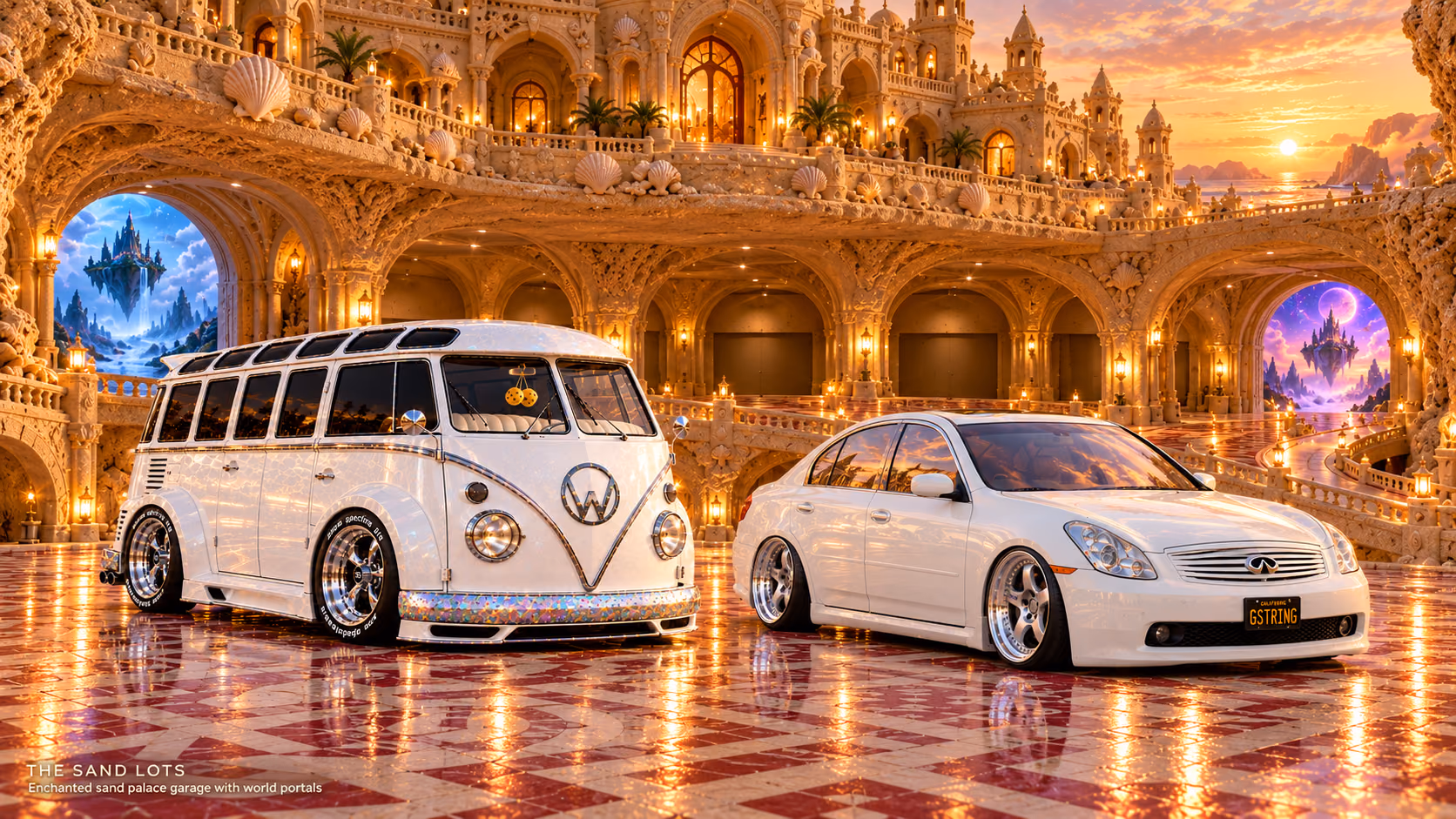 Starlite, a pearl-white custom Volkswagen Samba, parked beside Tony’s white 2006 Infiniti G35x at Enchanted sand palace garage with world portals on The Sand Lots. A wide fantasy landscape with a discreet location caption at bottom left.