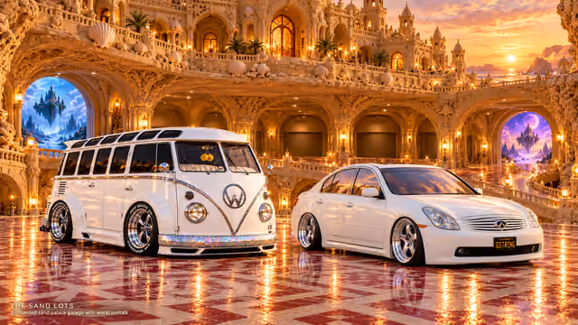 Starlite, a pearl-white custom Volkswagen Samba, parked beside Tony’s white 2006 Infiniti G35x at Enchanted sand palace garage with world portals on The Sand Lots. A wide fantasy landscape with a discreet location caption at bottom left.