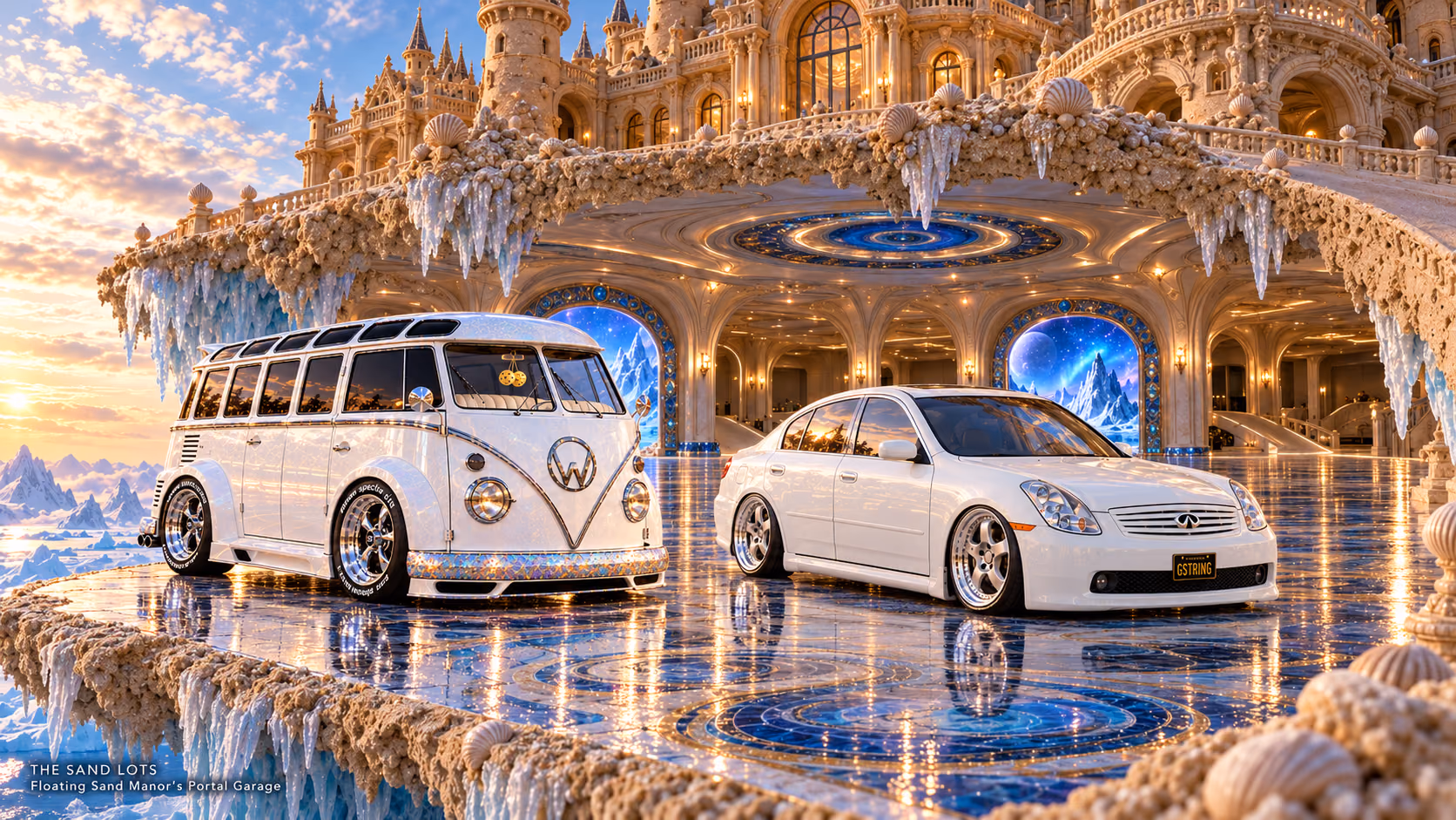 Starlite, a pearl-white custom Volkswagen Samba, parked beside Tony’s white 2006 Infiniti G35x at Floating Sand Manor’s Portal Garage on The Sand Lots. A wide fantasy landscape with a discreet location caption at bottom left.