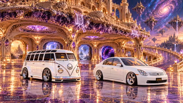 Starlite, a pearl-white custom Volkswagen Samba, parked beside Tony’s white 2006 Infiniti G35x at Floating amethyst sandcastle portal garage on The Sand Lots. A wide fantasy landscape with a discreet location caption at bottom left.