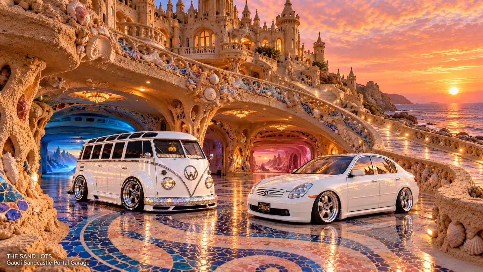 Starlite, a pearl-white custom Volkswagen Samba, parked beside Tony’s white 2006 Infiniti G35x at Gaudí Sandcastle Portal Garage on The Sand Lots. A wide fantasy landscape with a discreet location caption at bottom left.