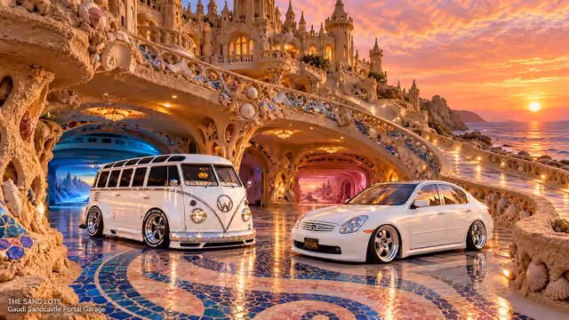 Starlite, a pearl-white custom Volkswagen Samba, parked beside Tony’s white 2006 Infiniti G35x at Gaudí Sandcastle Portal Garage on The Sand Lots. A wide fantasy landscape with a discreet location caption at bottom left.