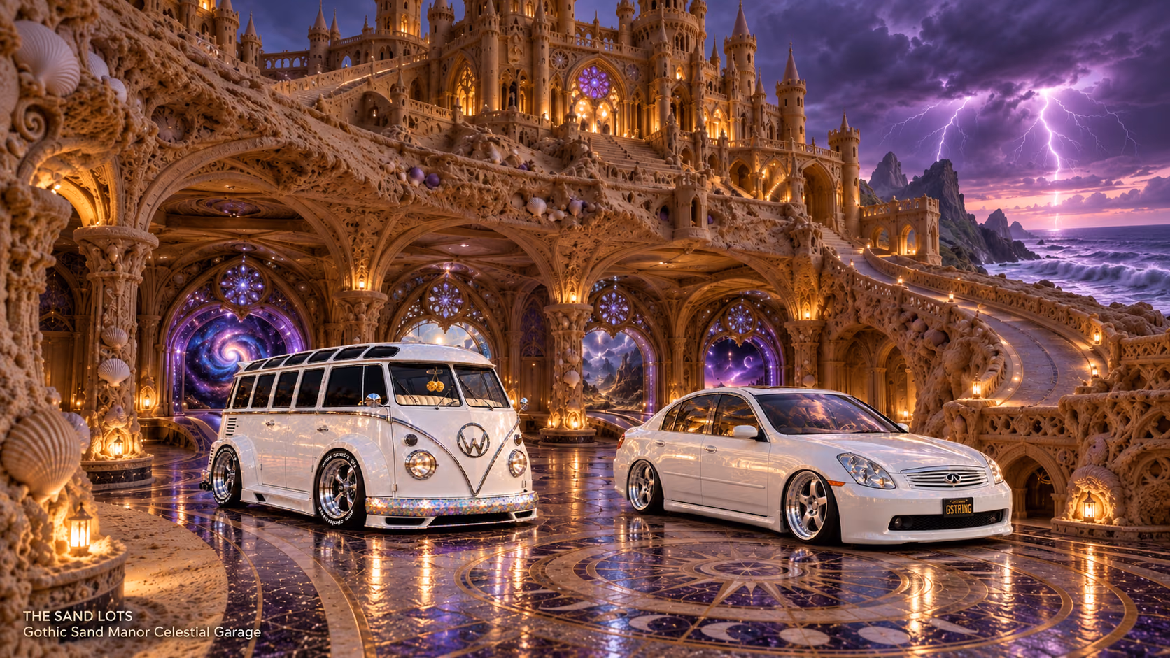 Starlite, a pearl-white custom Volkswagen Samba, parked beside Tony’s white 2006 Infiniti G35x at Gothic Sand Manor Celestial Garage on The Sand Lots. A wide fantasy landscape with a discreet location caption at bottom left.