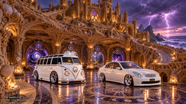 Starlite, a pearl-white custom Volkswagen Samba, parked beside Tony’s white 2006 Infiniti G35x at Gothic Sand Manor Celestial Garage on The Sand Lots. A wide fantasy landscape with a discreet location caption at bottom left.