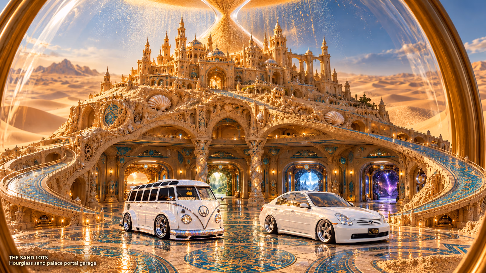 Starlite, a pearl-white custom Volkswagen Samba, parked beside Tony’s white 2006 Infiniti G35x at Hourglass sand palace portal garage on The Sand Lots. A wide fantasy landscape with a discreet location caption at bottom left.