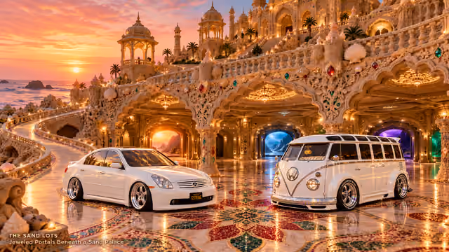 Starlite, a pearl-white custom Volkswagen Samba, parked beside Tony’s white 2006 Infiniti G35x at Jeweled Portals Beneath a Sand Palace on The Sand Lots. A wide fantasy landscape with a discreet location caption at bottom left.