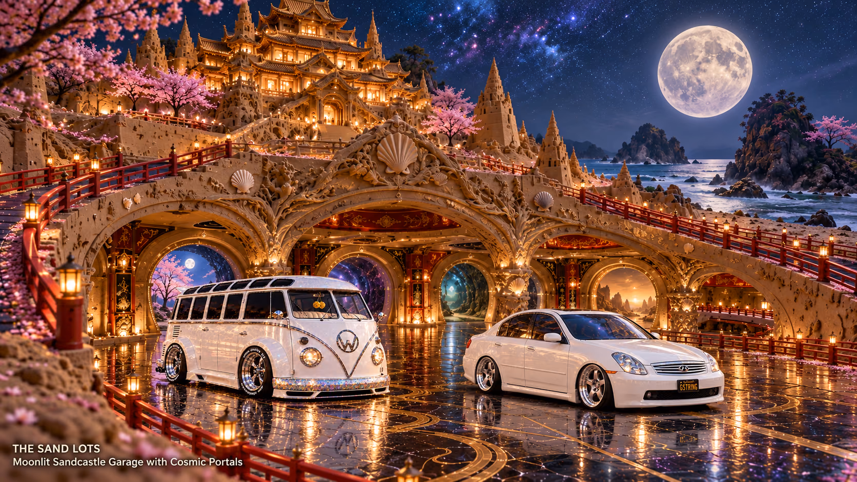 Starlite, a pearl-white custom Volkswagen Samba, parked beside Tony’s white 2006 Infiniti G35x at Moonlit Sandcastle Garage with Cosmic Portals on The Sand Lots. A wide fantasy landscape with a discreet location caption at bottom left.