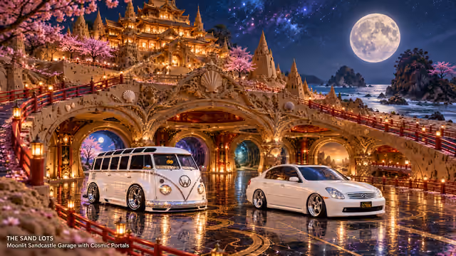 Starlite, a pearl-white custom Volkswagen Samba, parked beside Tony’s white 2006 Infiniti G35x at Moonlit Sandcastle Garage with Cosmic Portals on The Sand Lots. A wide fantasy landscape with a discreet location caption at bottom left.