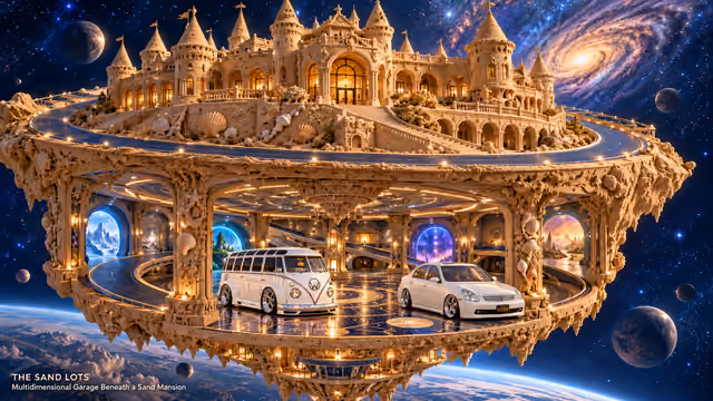 Starlite, a pearl-white custom Volkswagen Samba, parked beside Tony’s white 2006 Infiniti G35x at Multidimensional Garage Beneath a Sand Mansion on The Sand Lots. A wide fantasy landscape with a discreet location caption at bottom left.