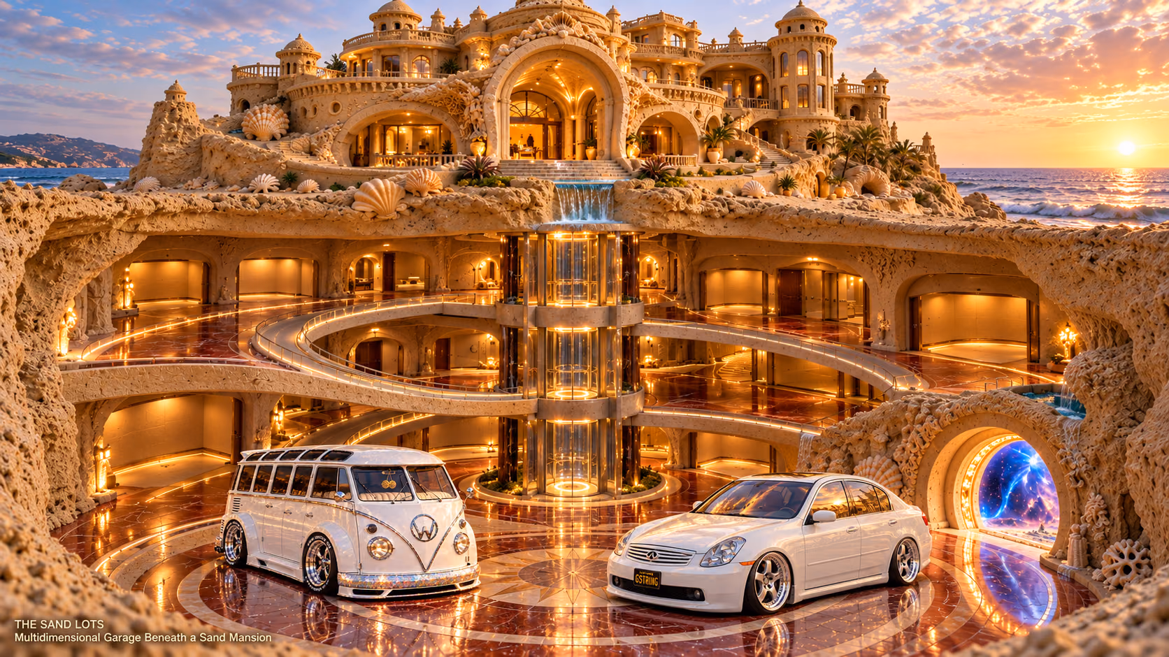 Starlite, a pearl-white custom Volkswagen Samba, parked beside Tony’s white 2006 Infiniti G35x at Multidimensional Garage Beneath a Sand Mansion on The Sand Lots. A wide fantasy landscape with a discreet location caption at bottom left.