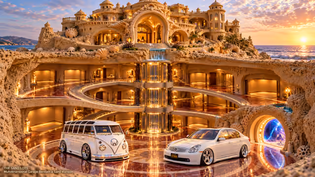 Starlite, a pearl-white custom Volkswagen Samba, parked beside Tony’s white 2006 Infiniti G35x at Multidimensional Garage Beneath a Sand Mansion on The Sand Lots. A wide fantasy landscape with a discreet location caption at bottom left.