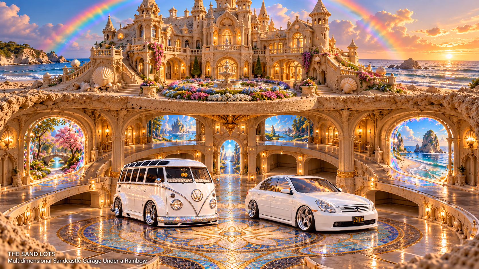 Starlite, a pearl-white custom Volkswagen Samba, parked beside Tony’s white 2006 Infiniti G35x at Multidimensional Sandcastle Garage Under a Rainbow on The Sand Lots. A wide fantasy landscape with a discreet location caption at bottom left.