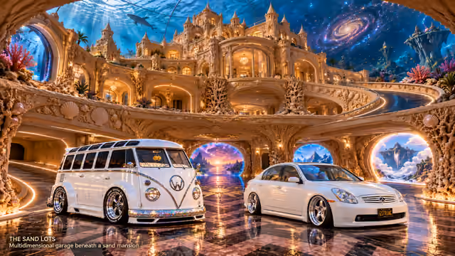 Starlite, a pearl-white custom Volkswagen Samba, parked beside Tony’s white 2006 Infiniti G35x at Multidimensional garage beneath a sand mansion on The Sand Lots. A wide fantasy landscape with a discreet location caption at bottom left.