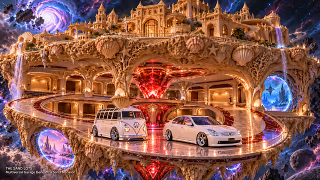 Starlite, a pearl-white custom Volkswagen Samba, parked beside Tony’s white 2006 Infiniti G35x at Multiversal Garage Beneath a Sand Mansion on The Sand Lots. A wide fantasy landscape with a discreet location caption at bottom left.