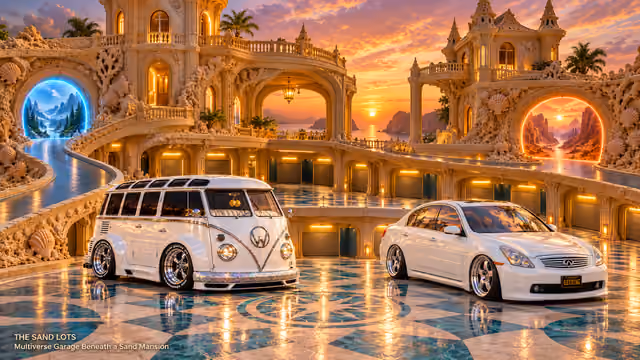Starlite, a pearl-white custom Volkswagen Samba, parked beside Tony’s white 2006 Infiniti G35x at Multiverse Garage Beneath a Sand Mansion on The Sand Lots. A wide fantasy landscape with a discreet location caption at bottom left.