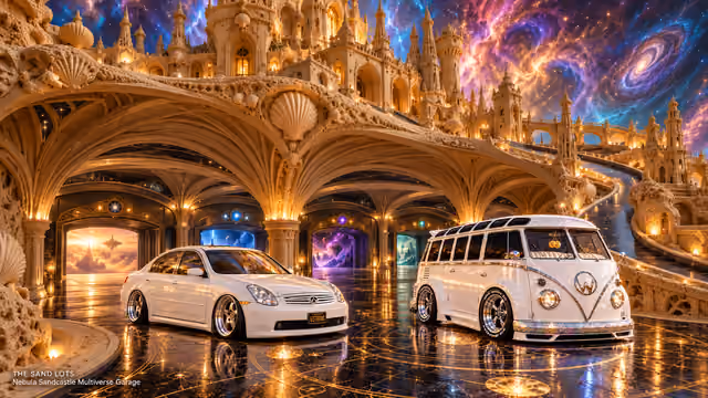 Starlite, a pearl-white custom Volkswagen Samba, parked beside Tony’s white 2006 Infiniti G35x at Nebula Sandcastle Multiverse Garage on The Sand Lots. A wide fantasy landscape with a discreet location caption at bottom left.