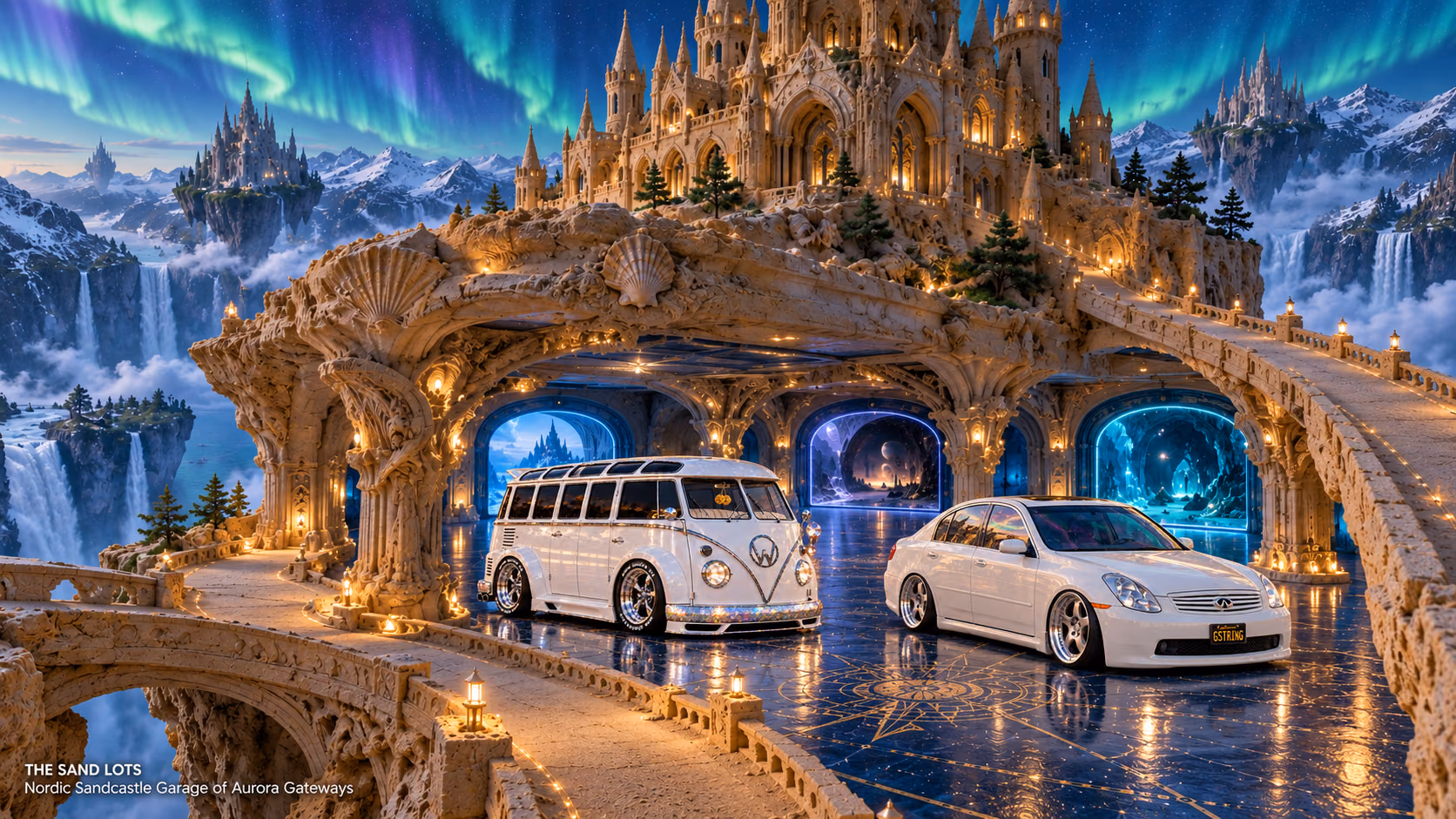 Starlite, a pearl-white custom Volkswagen Samba, parked beside Tony’s white 2006 Infiniti G35x at Nordic Sandcastle Garage of Aurora Gateways on The Sand Lots. A wide fantasy landscape with a discreet location caption at bottom left.