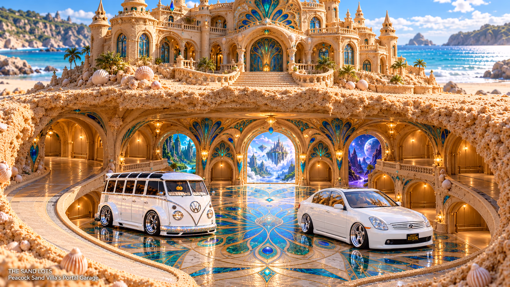 Starlite, a pearl-white custom Volkswagen Samba, parked beside Tony’s white 2006 Infiniti G35x at Peacock Sand Villa’s Portal Garage on The Sand Lots. A wide fantasy landscape with a discreet location caption at bottom left.