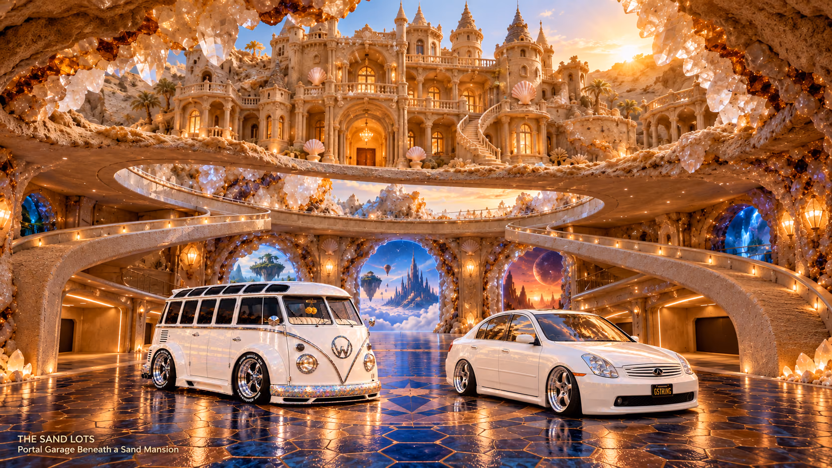 Starlite, a pearl-white custom Volkswagen Samba, parked beside Tony’s white 2006 Infiniti G35x at Portal Garage Beneath a Sand Mansion on The Sand Lots. A wide fantasy landscape with a discreet location caption at bottom left.