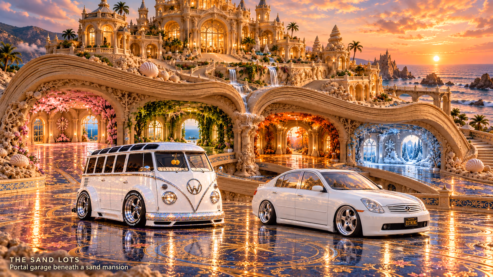 Starlite, a pearl-white custom Volkswagen Samba, parked beside Tony’s white 2006 Infiniti G35x at Portal garage beneath a sand mansion on The Sand Lots. A wide fantasy landscape with a discreet location caption at bottom left.