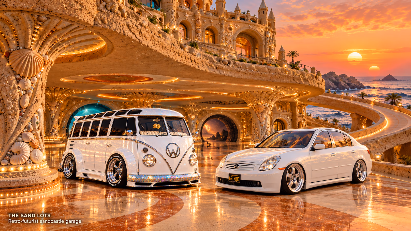 Starlite, a pearl-white custom Volkswagen Samba, parked beside Tony’s white 2006 Infiniti G35x at Retro-futurist sandcastle garage on The Sand Lots. A wide fantasy landscape with a discreet location caption at bottom left.