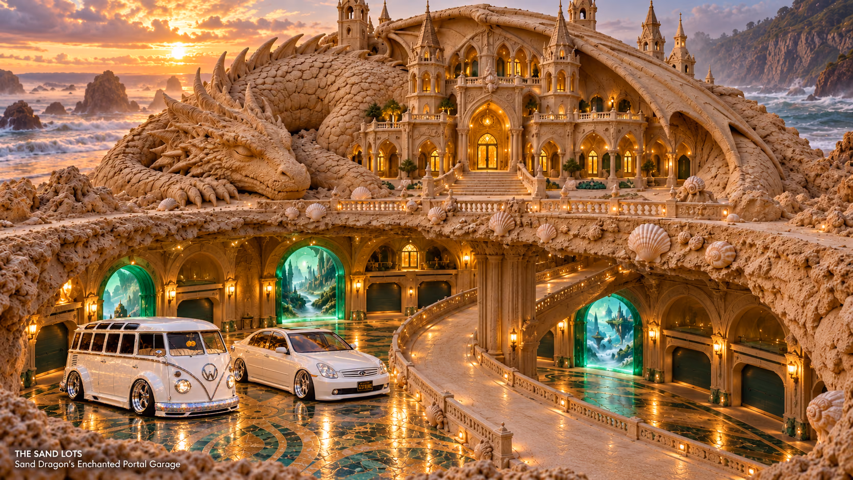Starlite, a pearl-white custom Volkswagen Samba, parked beside Tony’s white 2006 Infiniti G35x at Sand Dragon's Enchanted Portal Garage on The Sand Lots. A wide fantasy landscape with a discreet location caption at bottom left.
