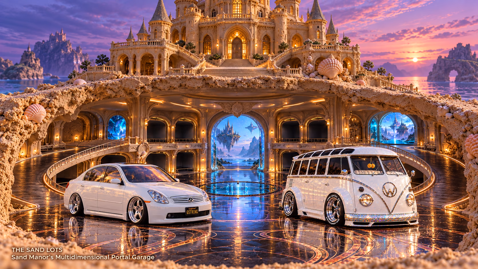 Starlite, a pearl-white custom Volkswagen Samba, parked beside Tony’s white 2006 Infiniti G35x at Sand Manor’s Multidimensional Portal Garage on The Sand Lots. A wide fantasy landscape with a discreet location caption at bottom left.