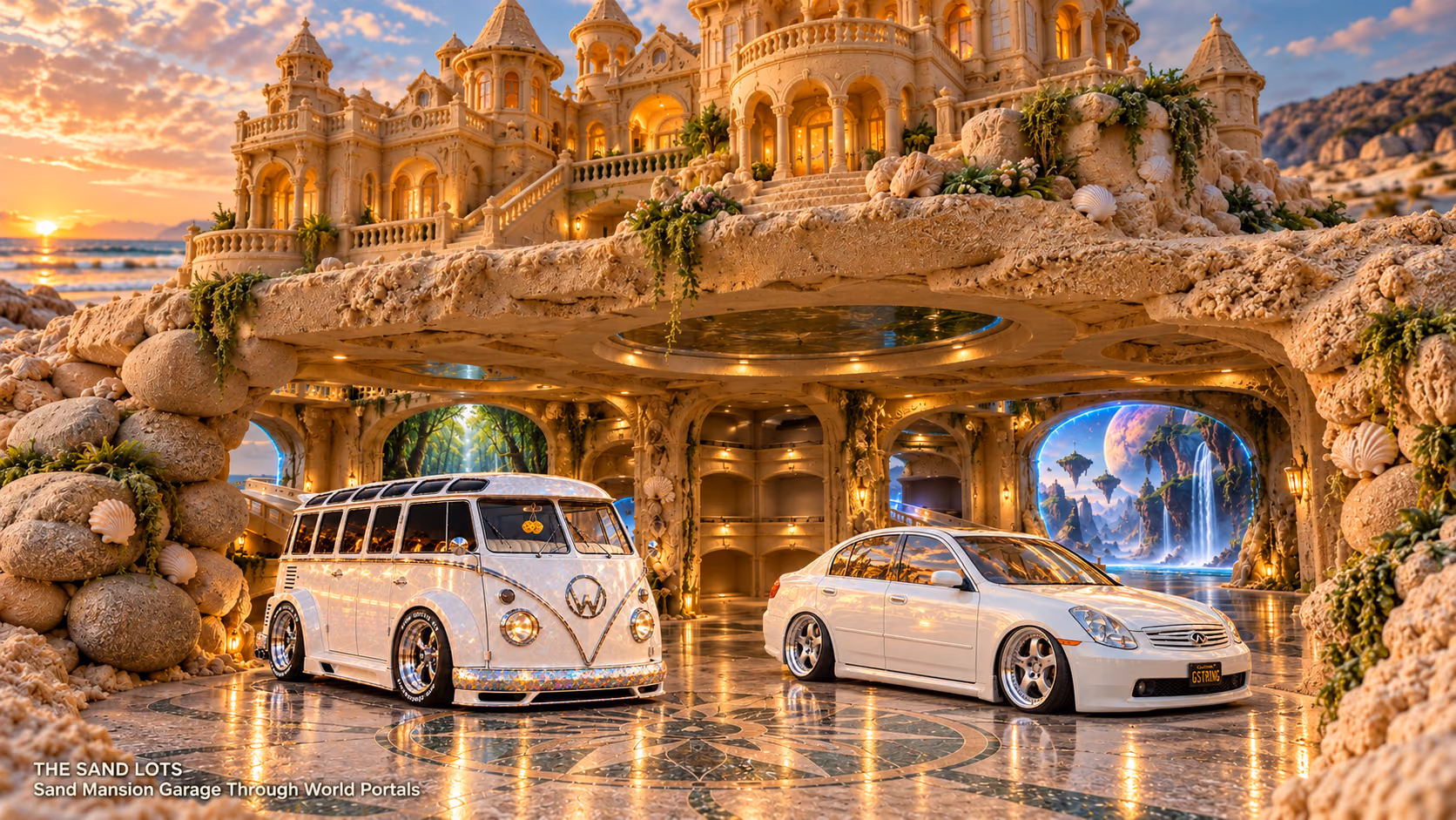 Starlite, a pearl-white custom Volkswagen Samba, parked beside Tony’s white 2006 Infiniti G35x at Sand Mansion Garage Through World Portals on The Sand Lots. A wide fantasy landscape with a discreet location caption at bottom left.