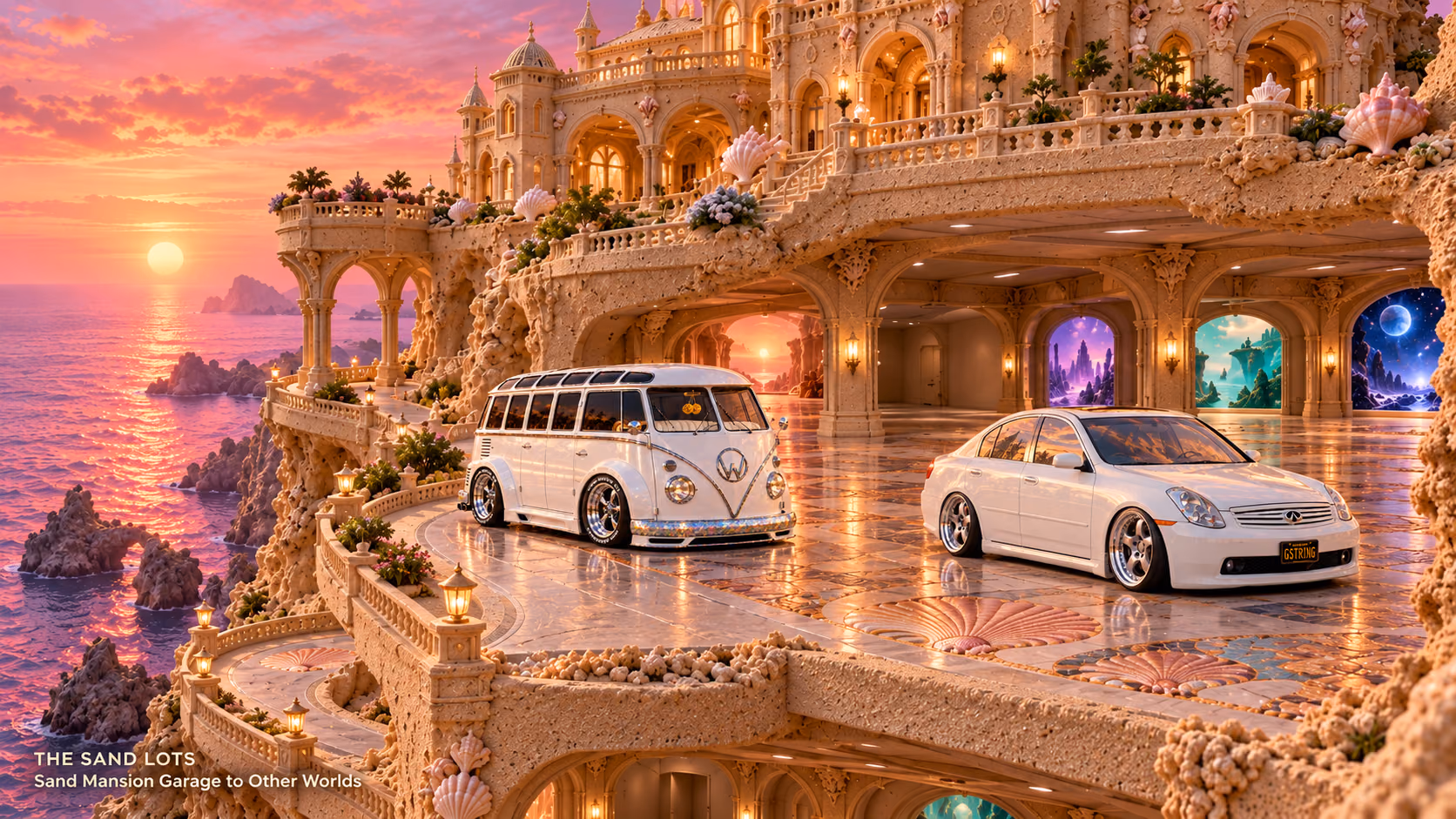 Starlite, a pearl-white custom Volkswagen Samba, parked beside Tony’s white 2006 Infiniti G35x at Sand Mansion Garage to Other Worlds on The Sand Lots. A wide fantasy landscape with a discreet location caption at bottom left.