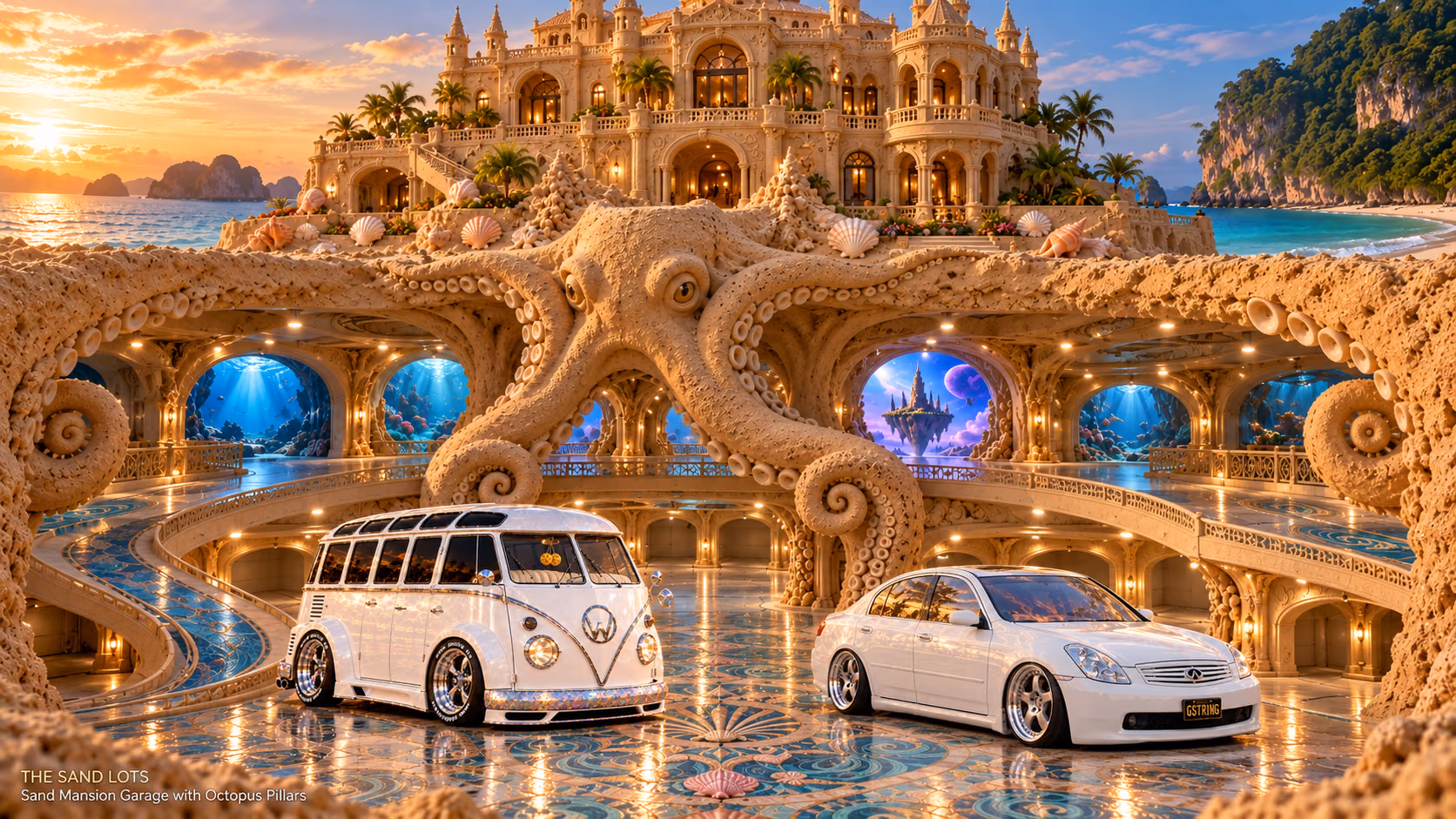 Starlite, a pearl-white custom Volkswagen Samba, parked beside Tony’s white 2006 Infiniti G35x at Sand Mansion Garage with Octopus Pillars on The Sand Lots. A wide fantasy landscape with a discreet location caption at bottom left.