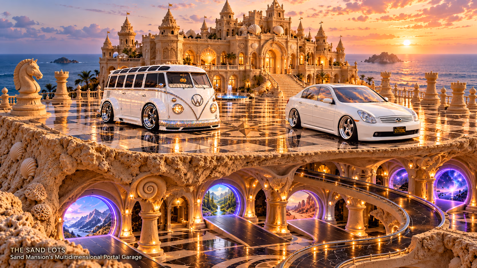 Starlite, a pearl-white custom Volkswagen Samba, parked beside Tony’s white 2006 Infiniti G35x at Sand Mansion’s Multidimensional Portal Garage on The Sand Lots. A wide fantasy landscape with a discreet location caption at bottom left.