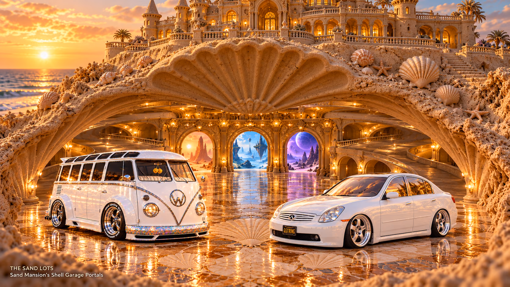 Starlite, a pearl-white custom Volkswagen Samba, parked beside Tony’s white 2006 Infiniti G35x at Sand Mansion’s Shell Garage Portals on The Sand Lots. A wide fantasy landscape with a discreet location caption at bottom left.