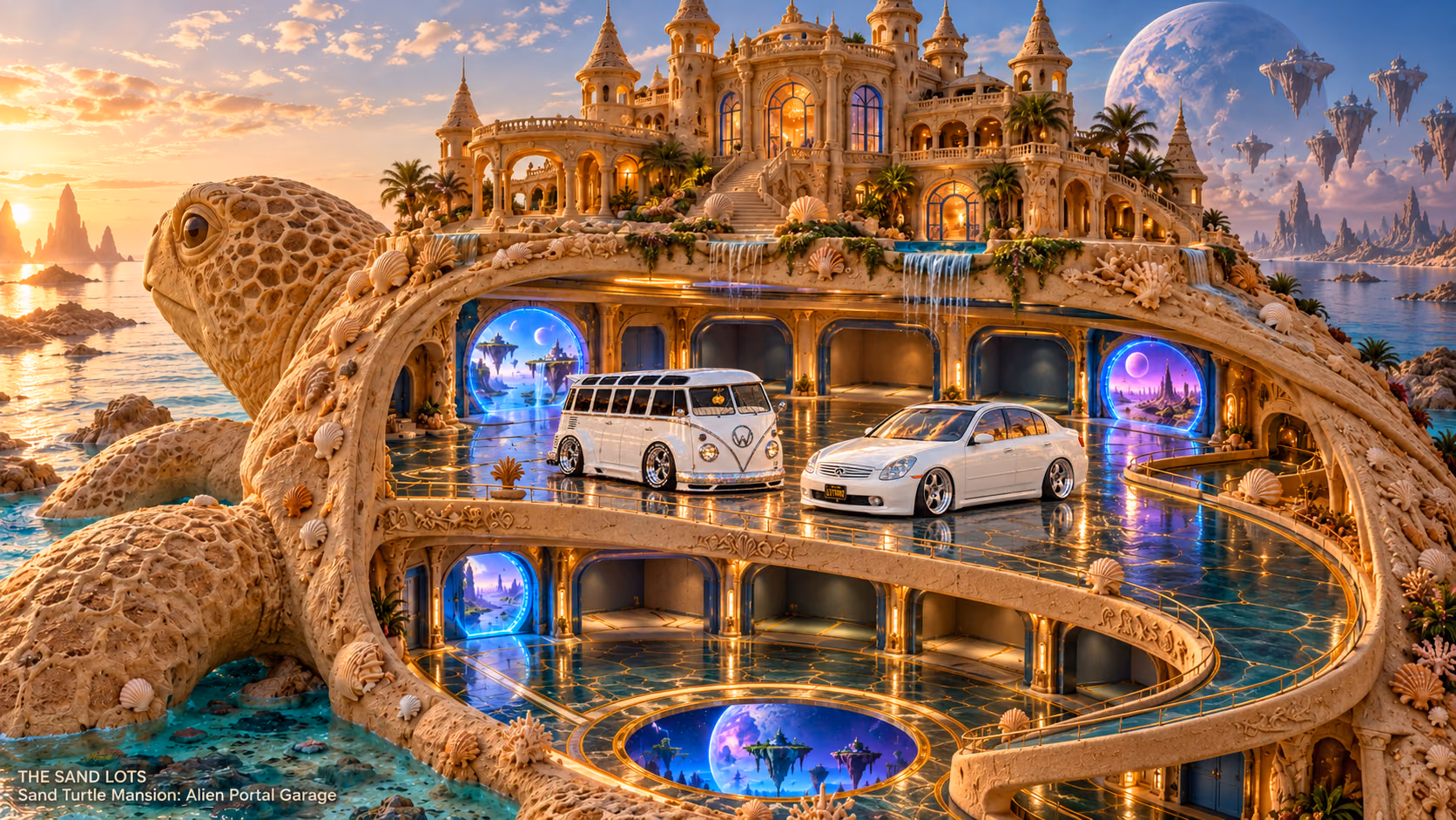 Starlite, a pearl-white custom Volkswagen Samba, parked beside Tony’s white 2006 Infiniti G35x at Sand Turtle Mansion: Alien Portal Garage on The Sand Lots. A wide fantasy landscape with a discreet location caption at bottom left.