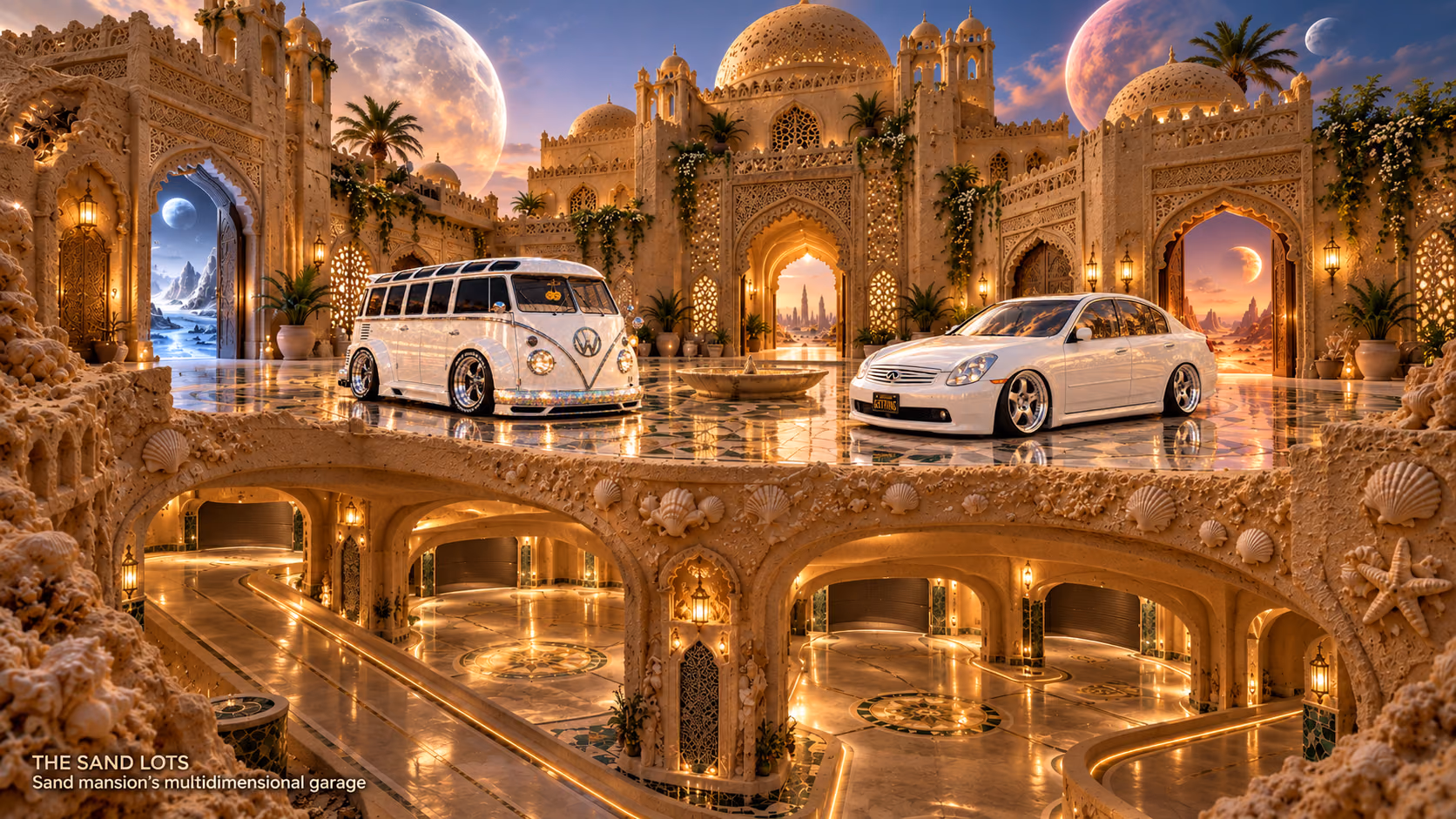 Starlite, a pearl-white custom Volkswagen Samba, parked beside Tony’s white 2006 Infiniti G35x at Sand mansion’s multidimensional garage on The Sand Lots. A wide fantasy landscape with a discreet location caption at bottom left.
