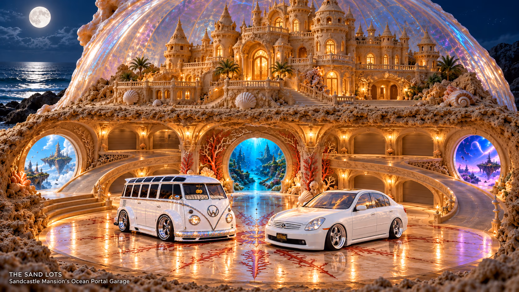 Starlite, a pearl-white custom Volkswagen Samba, parked beside Tony’s white 2006 Infiniti G35x at Sandcastle Mansion’s Ocean Portal Garage on The Sand Lots. A wide fantasy landscape with a discreet location caption at bottom left.