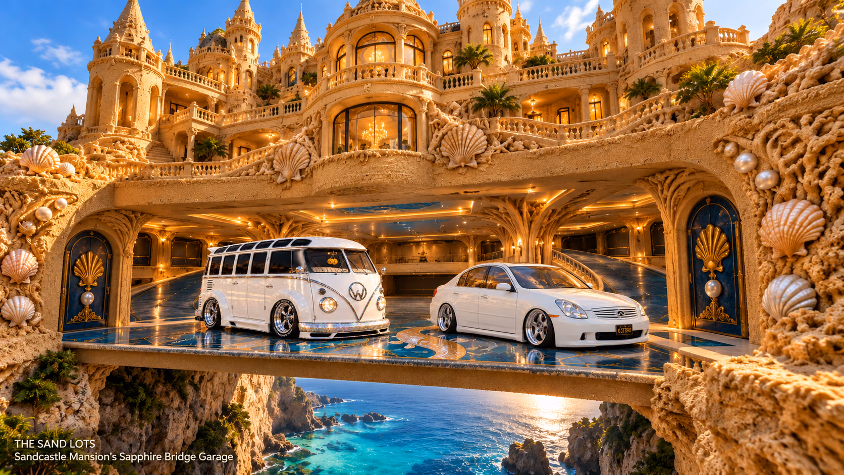 Starlite, a pearl-white custom Volkswagen Samba, parked beside Tony’s white 2006 Infiniti G35x at Sandcastle Mansion’s Sapphire Bridge Garage on The Sand Lots. A wide fantasy landscape with a discreet location caption at bottom left.